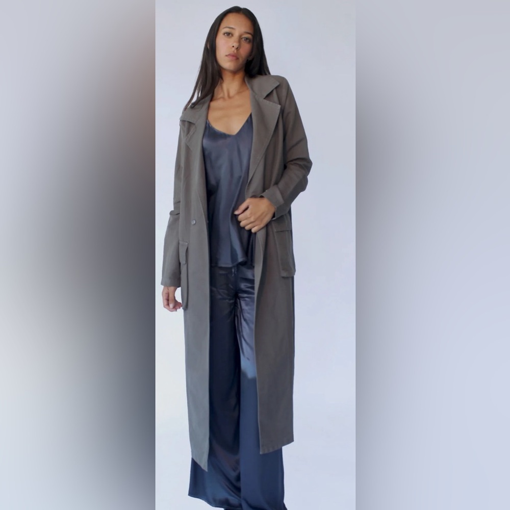 NWT STARK-X Oversized Utility Trench Coat Ash Grey Linen Blend Maxi Luxury $399 - Picture 1 of 11